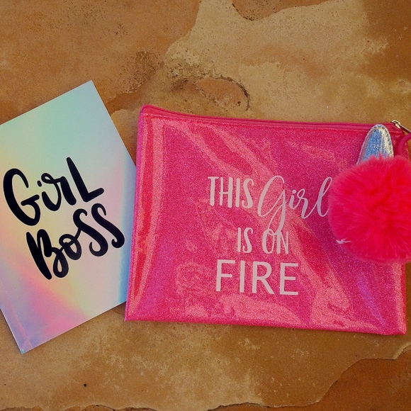 Glitter Hot Pink Girl Boss Unicorn Pom-Pom Journal & Pencil/Makeup Pouch Set - Picture 8 of 8